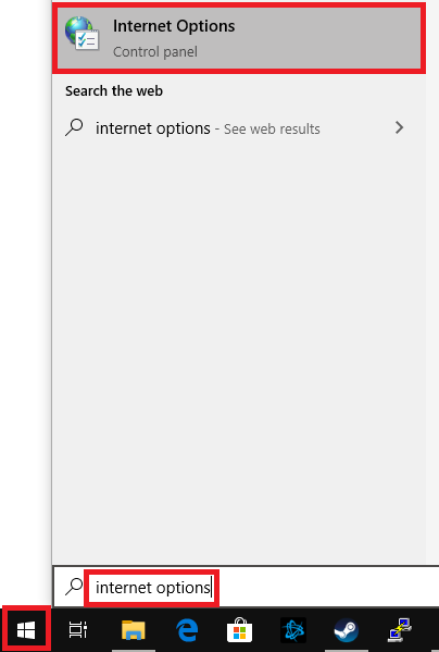 windows start internet options