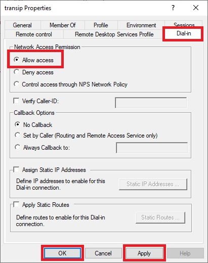 windows user properties dial-in