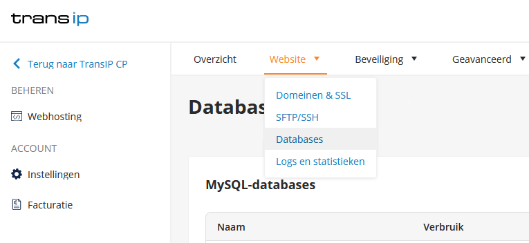 klik op site en vervolgens databases