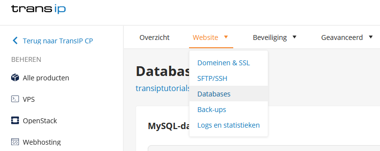 Klik op 'Databases'