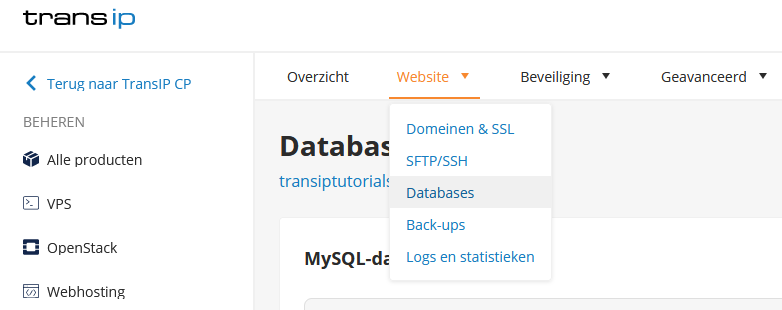 Klik op site en vervolgens databases