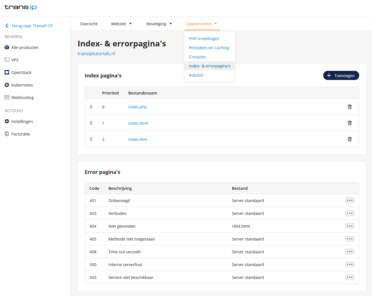 Ga via geavanceerd naar index & errorpagina's