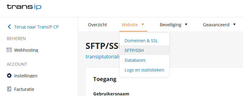 klik op site en vervolgens ssh