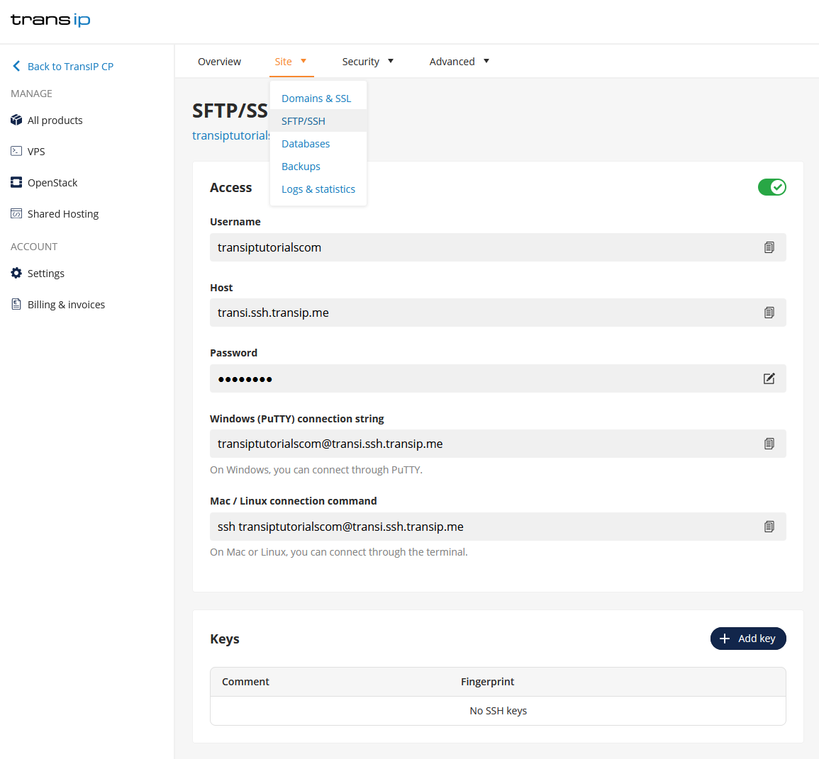 Look for your SSH details in the control panel