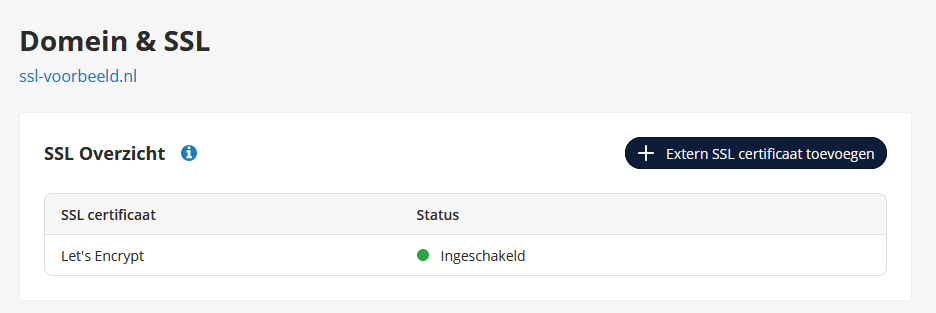Klik in het overzicht op extern ssl certificaat toevoegen