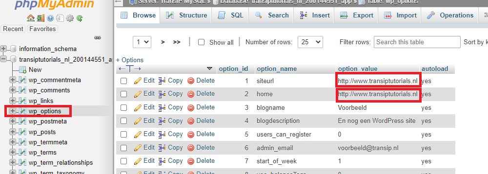 Verander de urls in de wp_options tabel naar de nieuwe urls