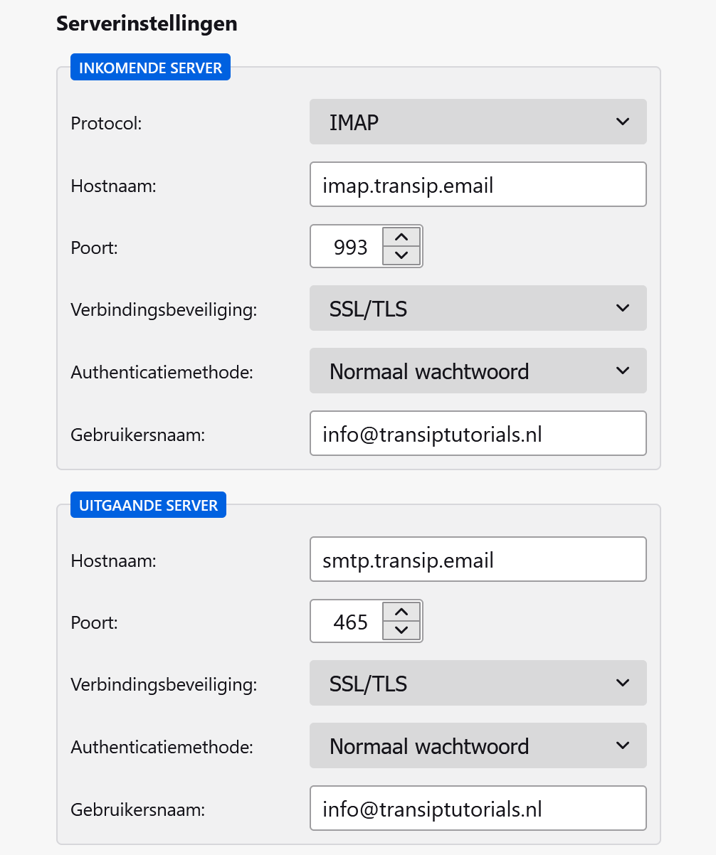 Vul de IMAP en SMTP gegevens in