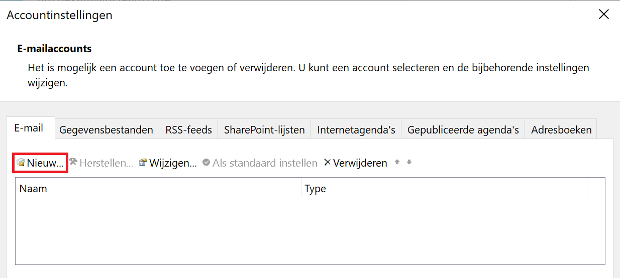 Klik op 'nieuw' in het accountinstellingen overzicht om een nieuw e-mailadres toe te voegen