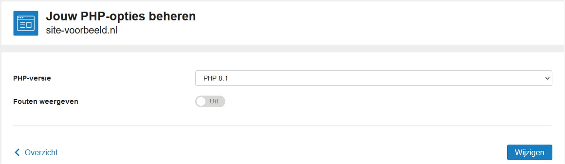 Hier zie je de PHP opties van jouw webhostingpakket terug