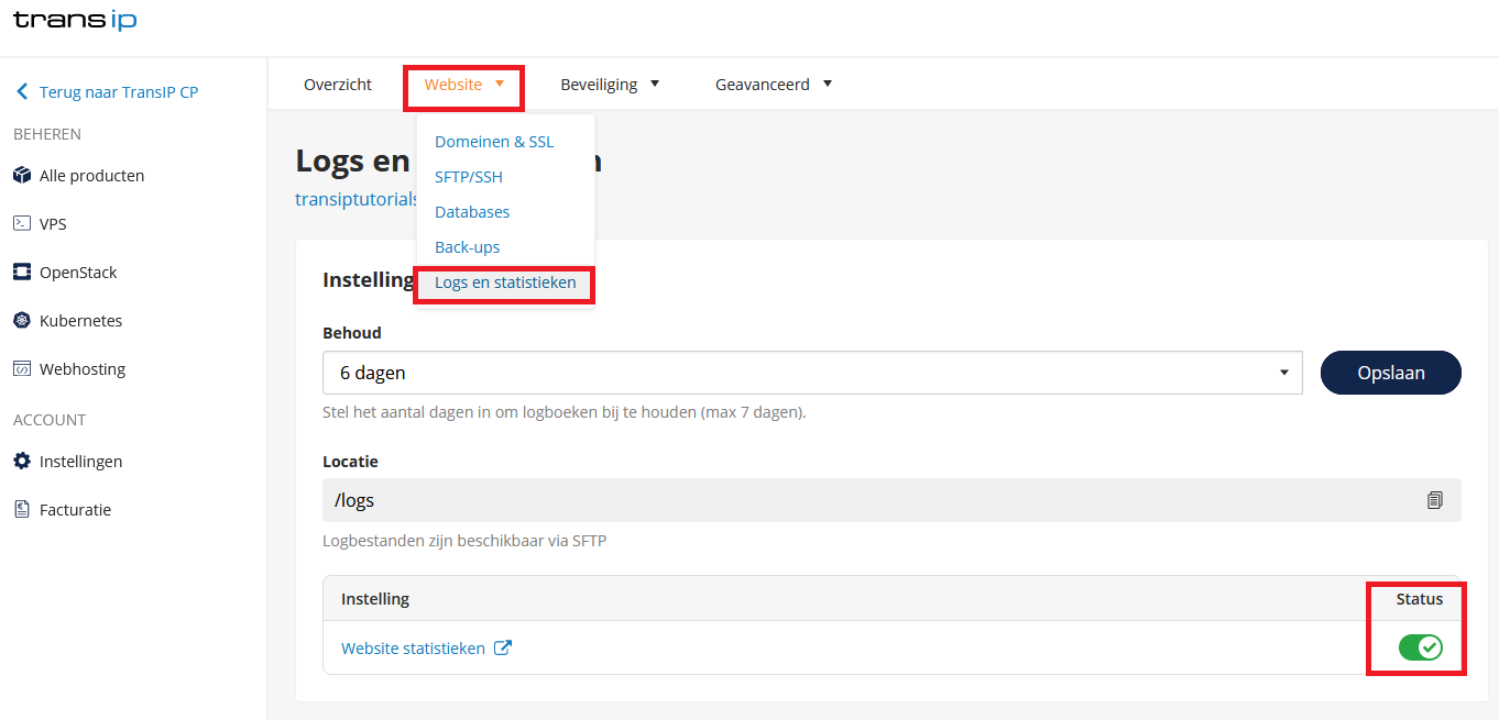 Klik op website en vervolgens logs en statistieken