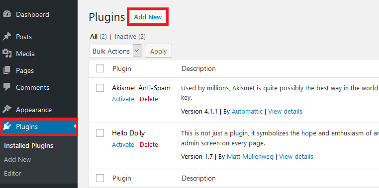 wordpress plugins - add new