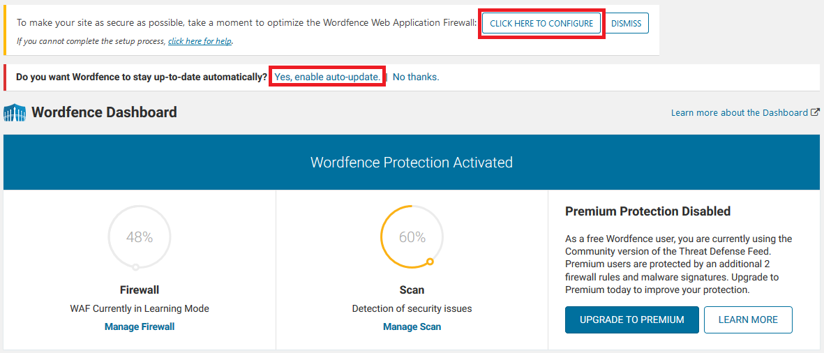 wordpress wordfence click to configure