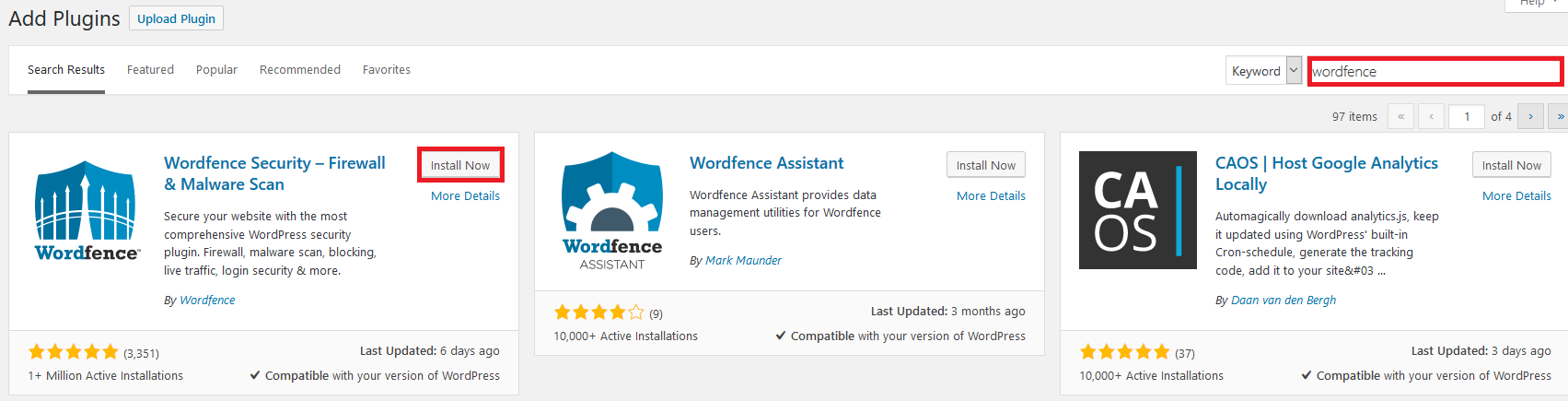 wordpress wordfence install now